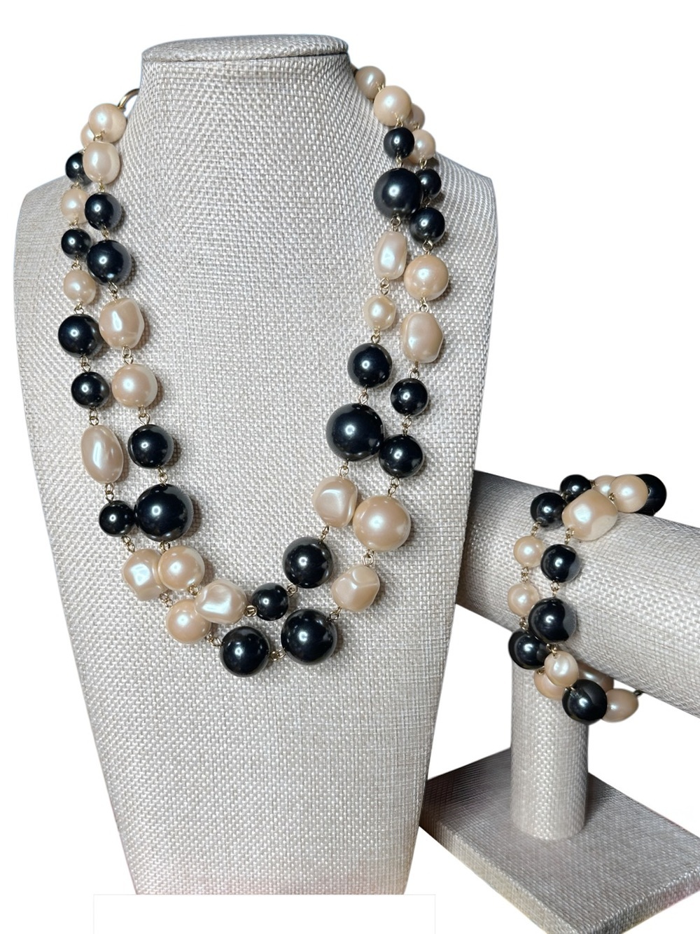Pearl and Black Bead Double Strand Necklace & Bracelet Set